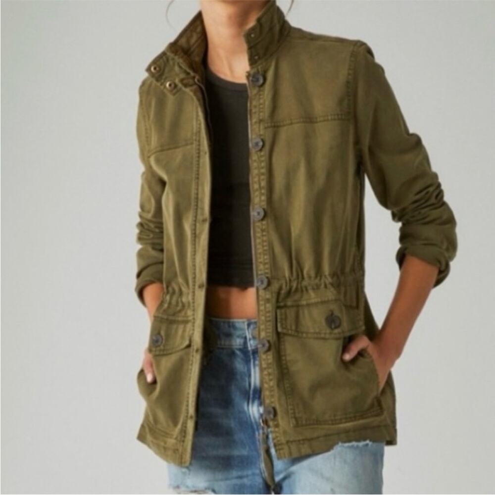 Lucky Brand Jacket Medium Green Cargo Coat Distressed Military Utility